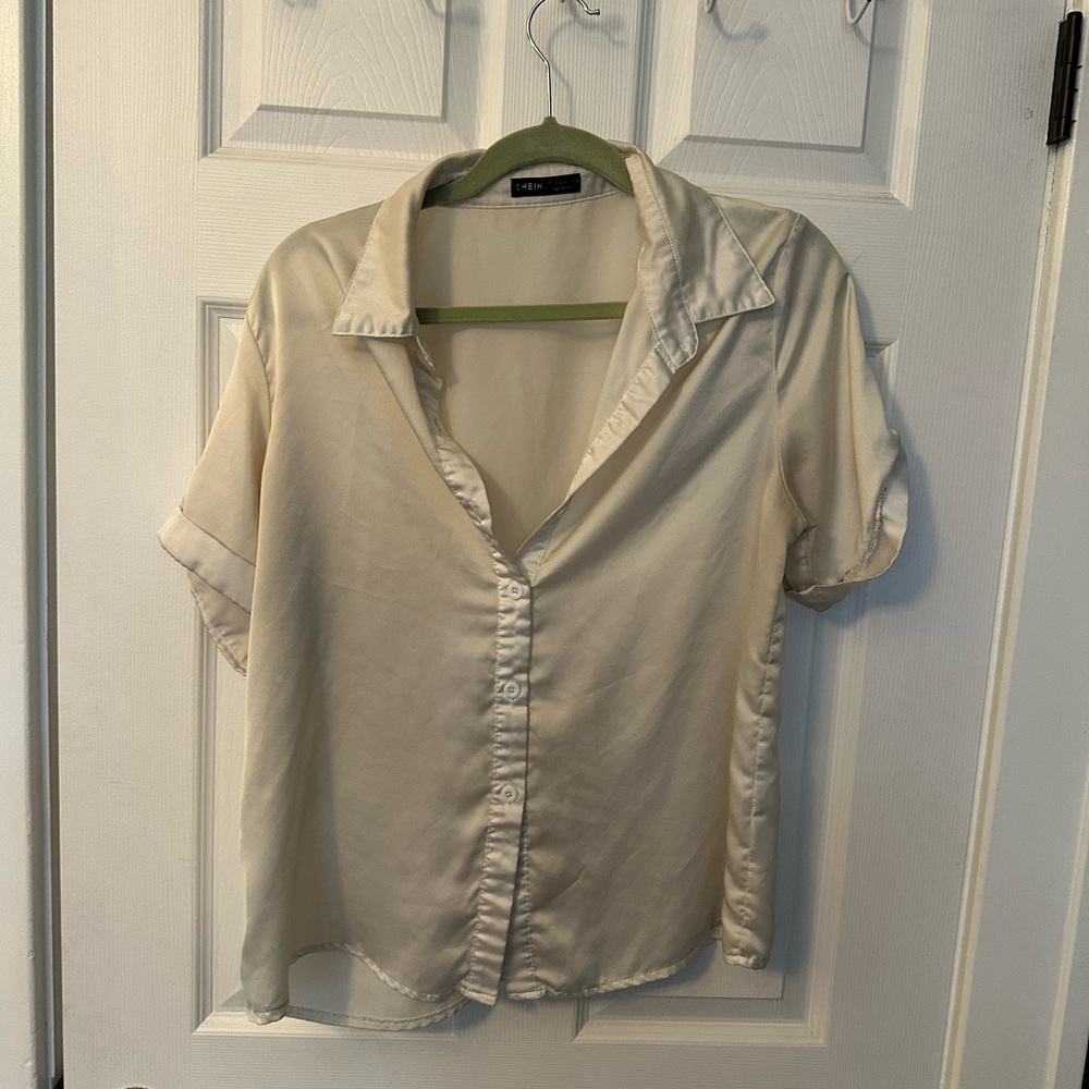 SHEIN off white satin Button Down Shirt